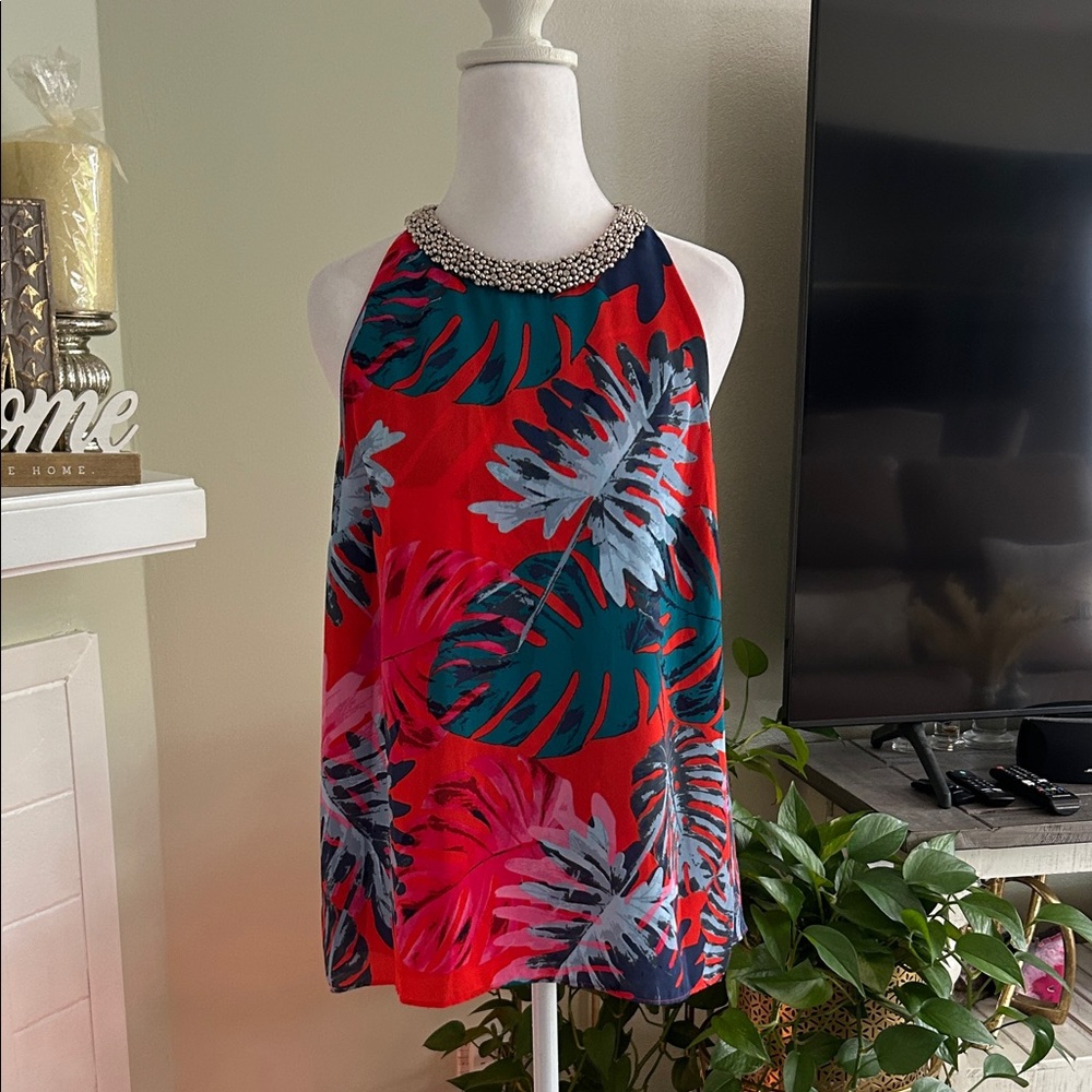 Jennifer Lopez Red and Teal Leaf Print shirt